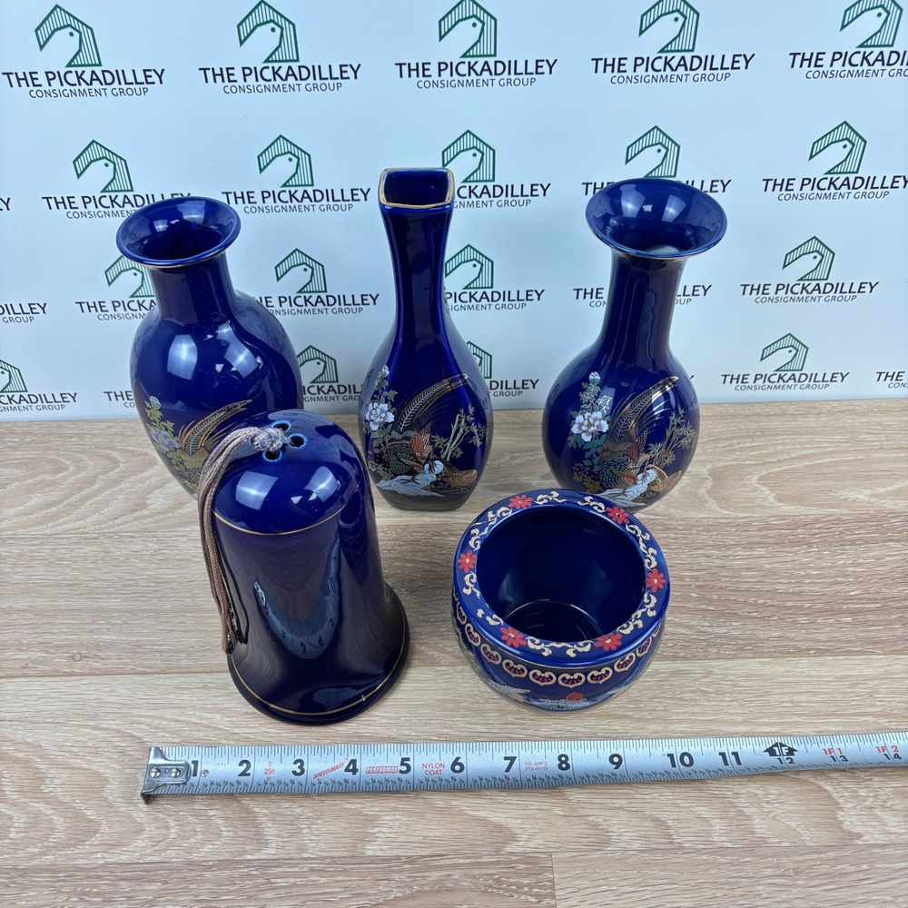 5pc Chinese Cobalt Blue Porcelain Set Vases Bell Bowl Gilt Bird Crane Pheasant - Picture 12 of 13
